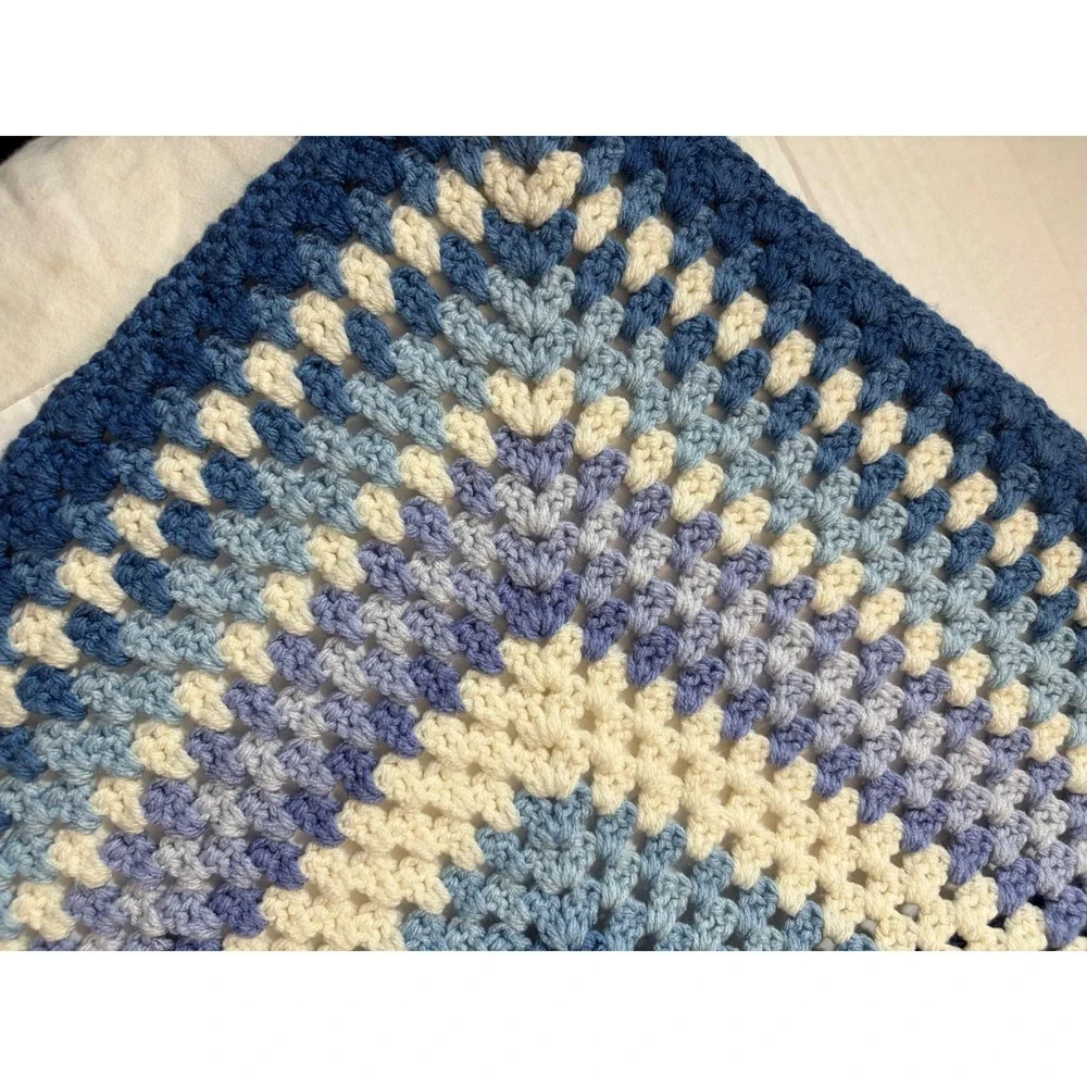 EUC Handmade Crochet Hexagon Blanket Blue Ombre Gradient Throw 34